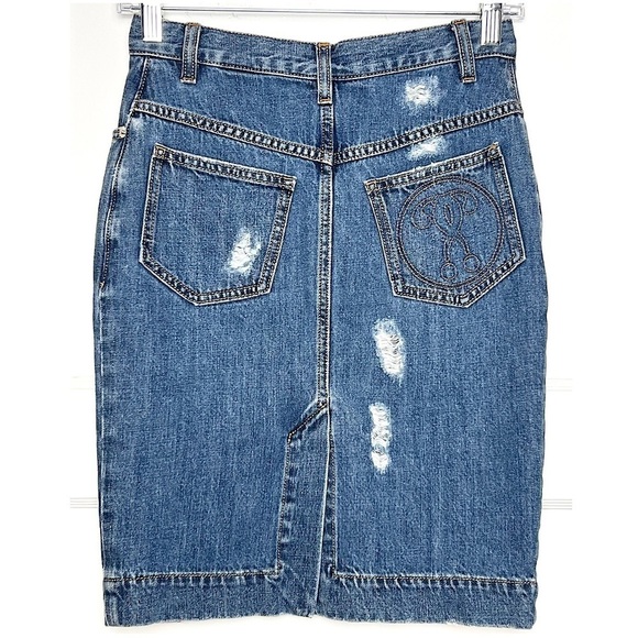 NWT MOSCHINO Retro 90s High Waist Question Mark Logo Distress Denim Jean Skirt 2 - Picture 2 of 6